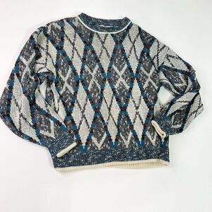 J.J. COCHRAN Sweater Men's Large Crew Neck Diamond Argyle Grandpa Dad Pullover